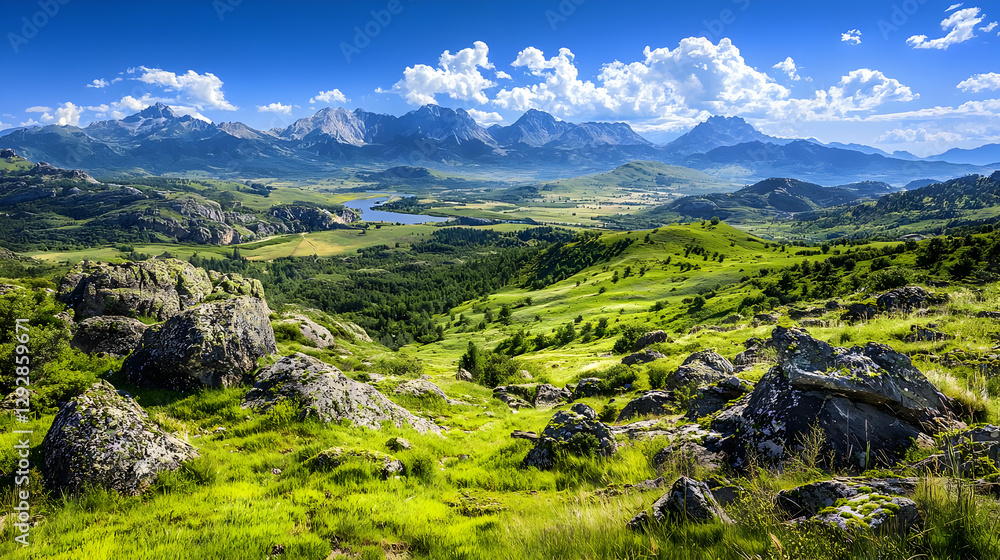Mountain valley scenic view, sunny day, green hills, lake, travel poster Mountain valley scenic view, sunny day, green hills, lake, travel poster