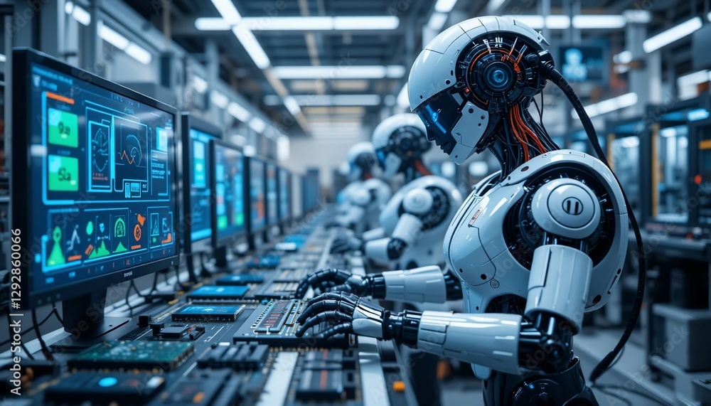 Fototapeta premium Futuristic Robots Working on Computer Network in Modern Factory