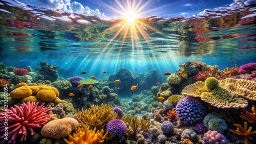 Vibrant Coral Reef Beneath Sunlit Ocean Surface with Fish Life