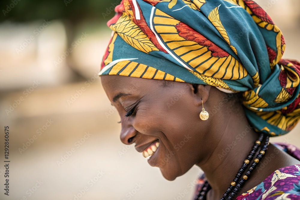 Obraz premium Minimalistic photo of an African woman in a colorful gele headwrap, extreme close-up showcasing the detailed folds and her radiant smile, softly blurred background.
