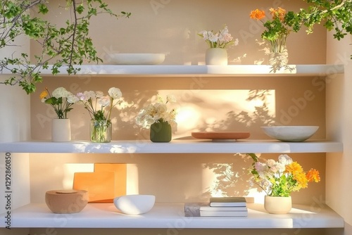 Bright Minimalist Floral Display On Shelves, Soft Colors, Natural Light Creating Inviting Home Office Backdrop For Zoom Meetings