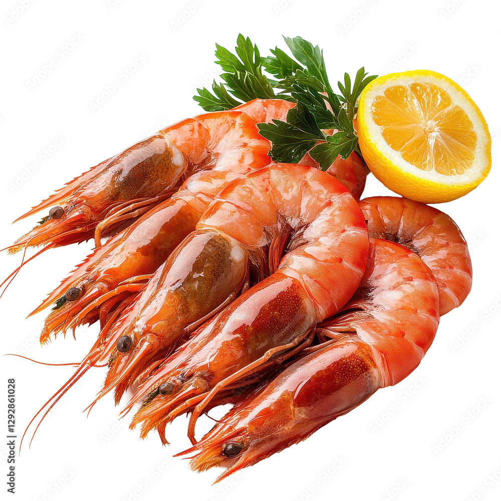 Fresh shrimps arranged with lemon and parsley on a Transparent background highlighting seafood appeal, Shrimps isolated on PNG background Fresh shrimps arranged with lemon and parsley on a Transparent background highlighting seafood appeal, Shrimps isolated on PNG background