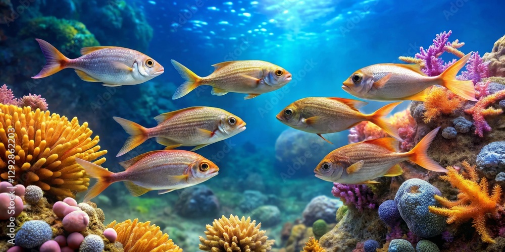 Naklejka premium Vibrant Reef Scene Featuring a School of Fish Swimming Amidst Colorful Coral Formations