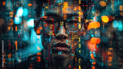 Close-up portrait of a young man, his face overlaid with digital data and city lights at night, conveying concepts of technology, innovation, and the digital age.