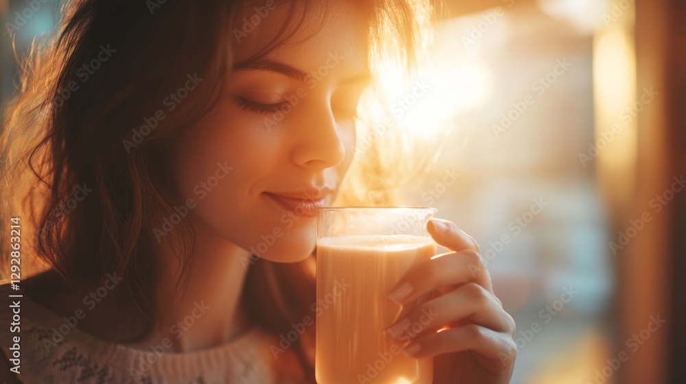 A serene moment capturing a woman enjoying a warm beverage, illuminated by golden sunlight, evoking feelings of comfort and tranquility. A serene moment capturing a woman enjoying a warm beverage, illuminated by golden sunlight, evoking feelings of comfort and tranquility.