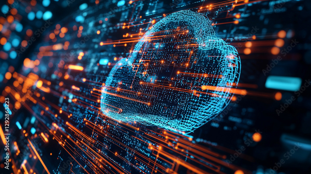 Obraz premium Abstract digital cloud computing network data technology web blue cyber lines server future online