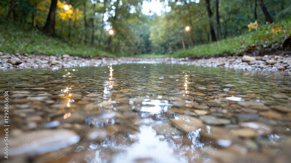 Fototapeta premium Clear water flows over smooth pebbles in a shallow forest stream during daytime.