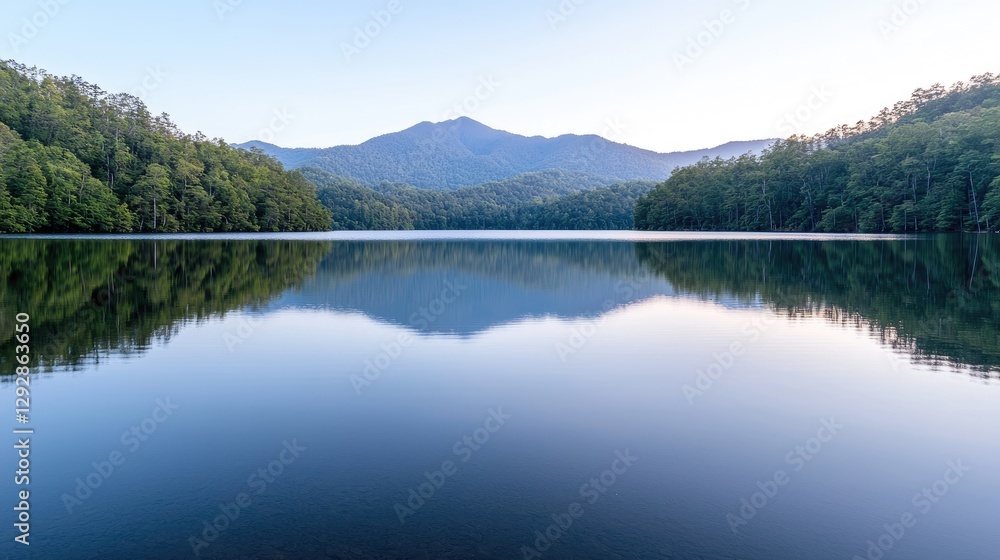 Calm lake reflecting mountains at dawn (1) Calm lake reflecting mountains at dawn (1)