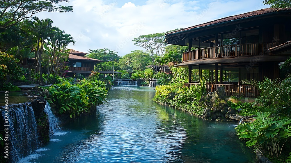 A tranquil river bordered by cascading waterfalls in a lush tropical haven A tranquil river bordered by cascading waterfalls in a lush tropical haven