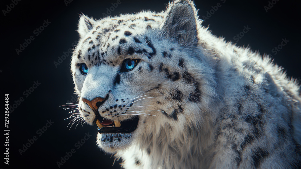 Fototapeta premium A majestic snow leopard, piercing blue eyes, mouth slightly open revealing sharp teeth