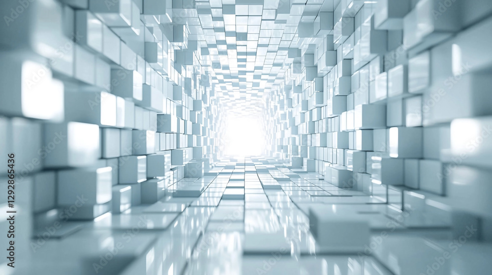Naklejka premium Abstract white cube tunnel modern architecture design background 3d clean cubic light space walls