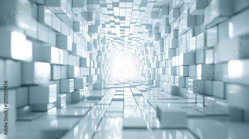 Fototapeta Naklejka Na Ścianę i Meble -  Abstract white cube tunnel modern architecture design background 3d clean cubic light space walls
