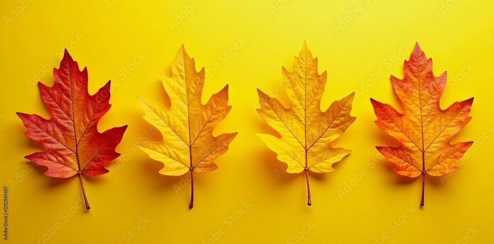 Four vibrant oak leaves, sunny yellow backdrop, botanical, fall Four vibrant oak leaves, sunny yellow backdrop, botanical, fall