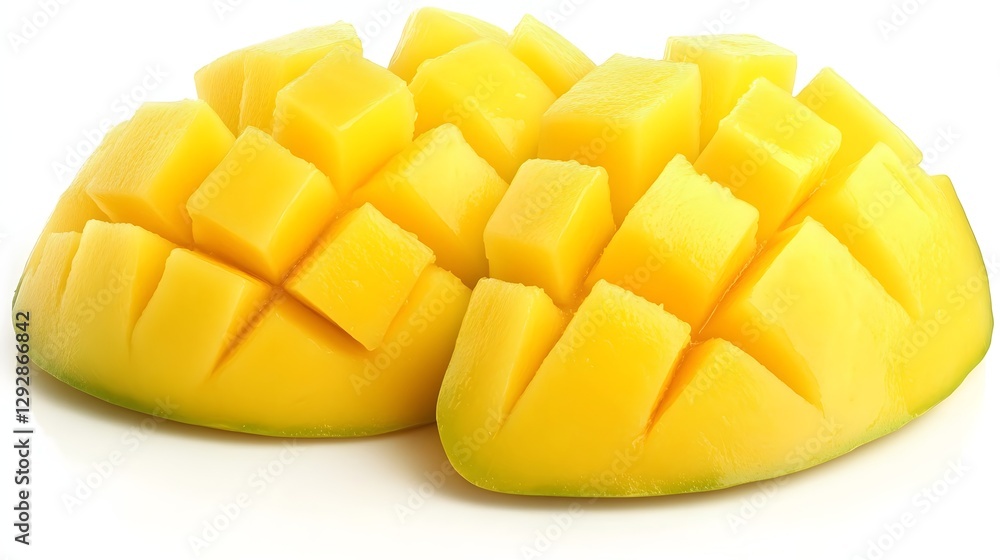 Ripe Yellow Mango Slices Displayed on a White Surface Highlighting Freshness and Natural Sweetness Ripe Yellow Mango Slices Displayed on a White Surface Highlighting Freshness and Natural Sweetness