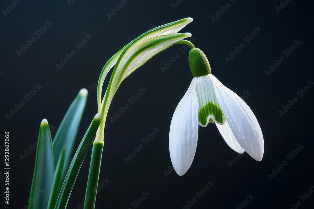 Detailed view of a snowdrop flower against a dark backdrop showcasing its white petals leaves and stem in spring Detailed view of a snowdrop flower against a dark backdrop showcasing its white petals leaves and stem in spring