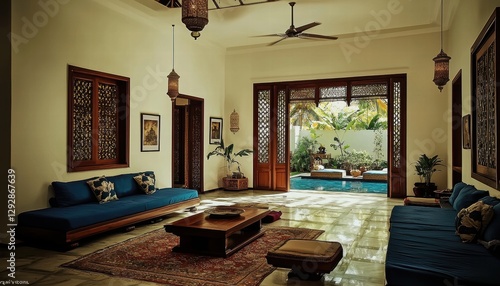 A contemporary luxury living room designed with Asian Indian aesthetics.