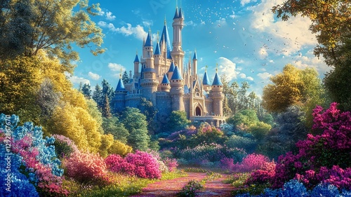 beautiful castle in a bright day with colorful flower, fantasy land castle