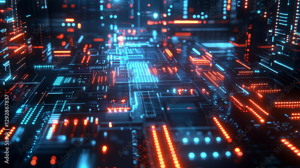 Fototapeta premium Abstract futuristic technology background with red and blue circuits data grid cyber lines design
