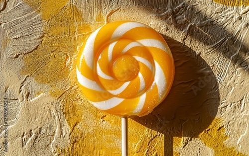 Yellow and white swirl lollipop on textured gold surface photo