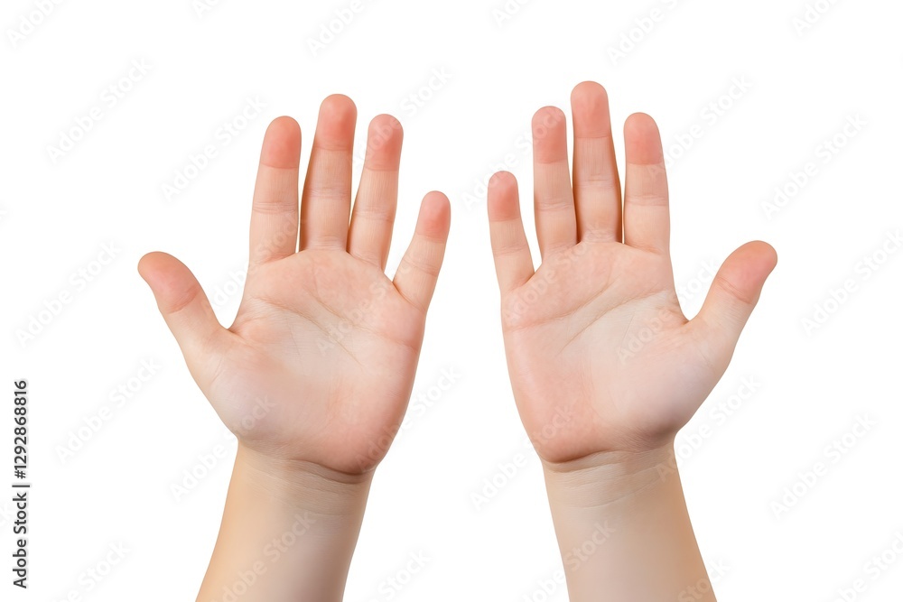 Open Palm Greeting Gesture by Young Boy on White Background Open Palm Greeting Gesture by Young Boy on White Background