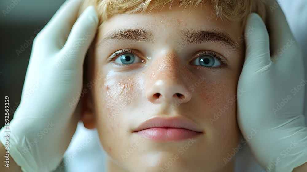Fototapeta premium Cosmetologist applying mask on client's face in spa salon Young man is enjoying a moment of relaxation while having a beauty treatment with a white mud mask applied to his face