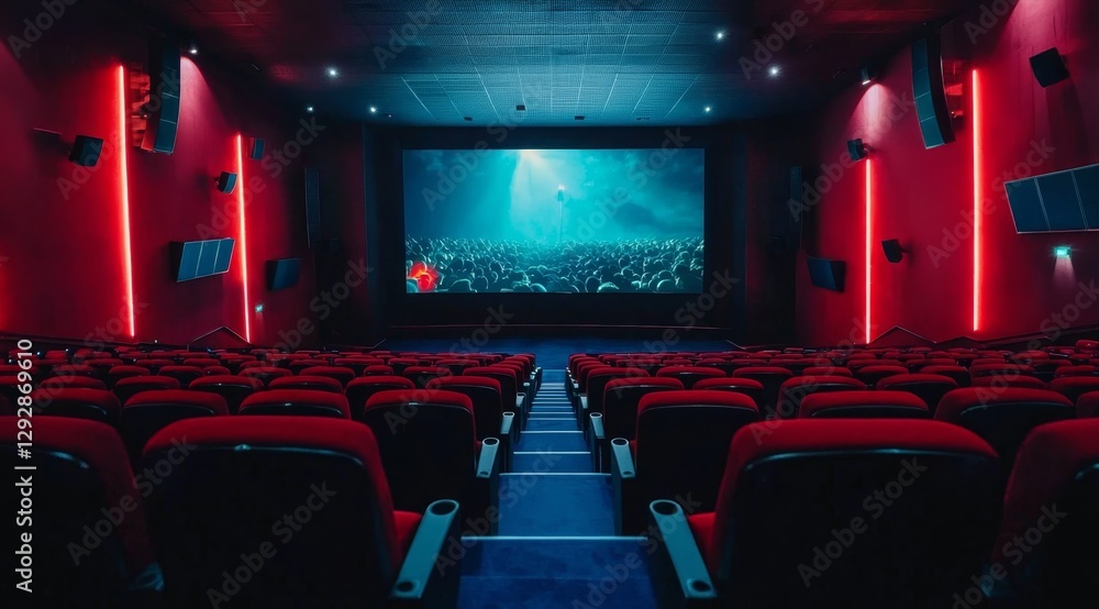 A large screen illuminates the theater, showcasing the latest film. A large screen illuminates the theater, showcasing the latest film.
