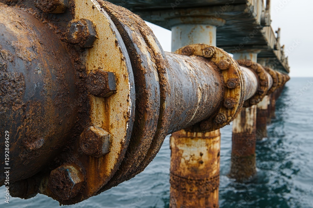 Detailed view of rusted steel pipe steel deterioration overall corrosion offshore oil pipelines Detailed view of rusted steel pipe steel deterioration overall corrosion offshore oil pipelines
