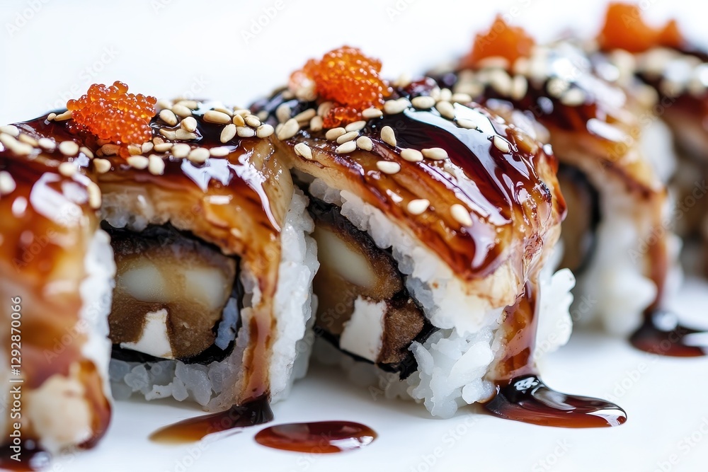 Detailed view of sushi rolls with grilled eel sesame sauce and creamy fillings on a white backdrop Detailed view of sushi rolls with grilled eel sesame sauce and creamy fillings on a white backdrop