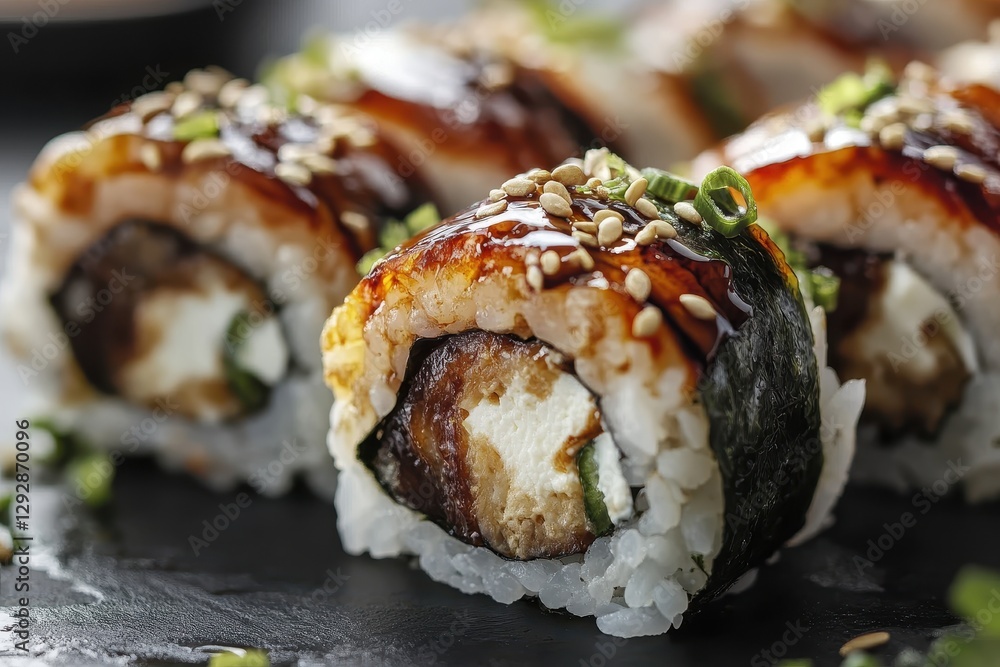 Detailed view of sushi rolls wrapped in seaweed and rice containing grilled eel and cream cheese displayed elegantly Detailed view of sushi rolls wrapped in seaweed and rice containing grilled eel and cream cheese displayed elegantly