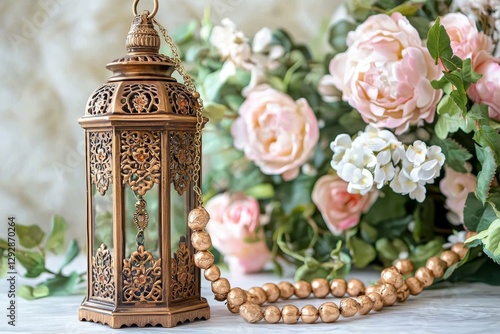 Obraz na płótnie Golden lantern adorned with a wooden rosary and flowers, symbolizing Eid-al-Adha. w salonie