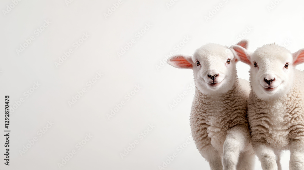 Obraz premium Fluffy lambs standing together with cheerful expressions on light background