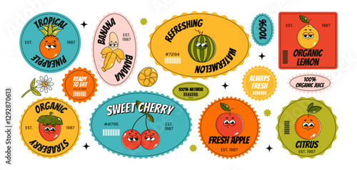 Funny Fruits. Retro groovy sticker, patch. Comic characters strawberry, lemon, banana, apple, pineapple, orange, cherry, watermelon, slogan, quotes and other elements. Vector illustration