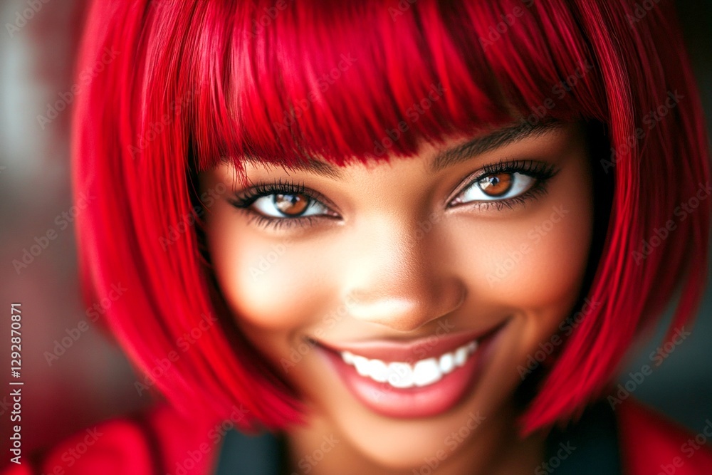Obraz premium Commercial marketing creative artwork. Short hairdo - red hair. Stunning smiling black girl - for ads, lane poster and social apps use. Modern hair concept. Artistic african model.