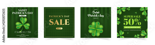 Happy St. Patricks Day sale, party invitation, greeting cards. Green shamrock, quatrefoil on green backgrounds. Vector illustration set