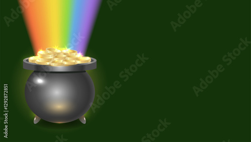 Horizontal background Happy Saint Patricks day with gray cauldron, golden coins, rainbow on dark green background. Vector illustration with copy space