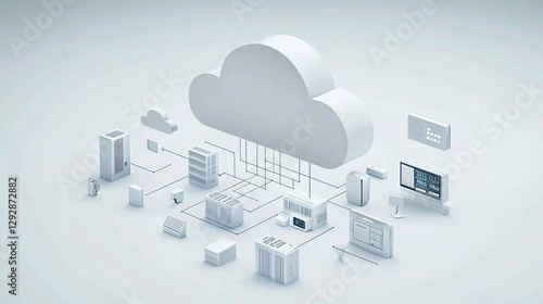 Modern cloud computing network infrastructure digital technology server 3d data white clean online