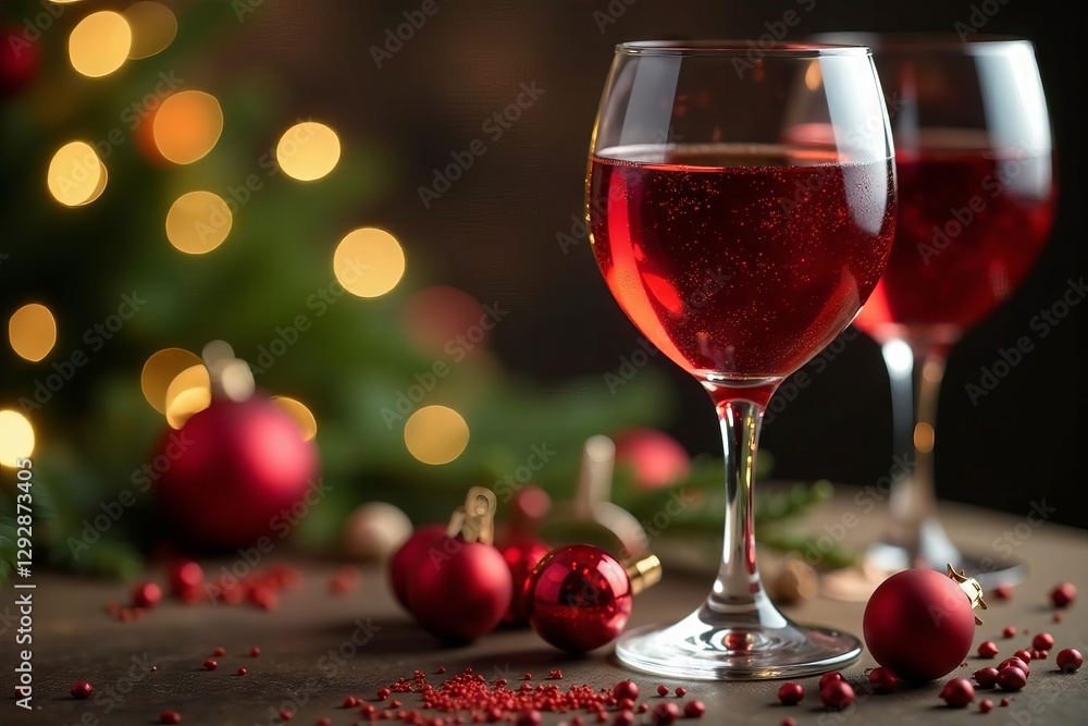 Refined glass of wine, ornate Christmas arrangement Luxurious holiday still life , winter wonderland, holiday setting Refined glass of wine, ornate Christmas arrangement Luxurious holiday still life , winter wonderland, holiday setting