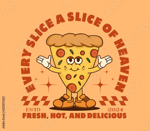 Vintage pizza slice cartoon character, hand drawn in a retro style for restaurant branding, menu designs, posters, T shirt designs, stickers, and apparel