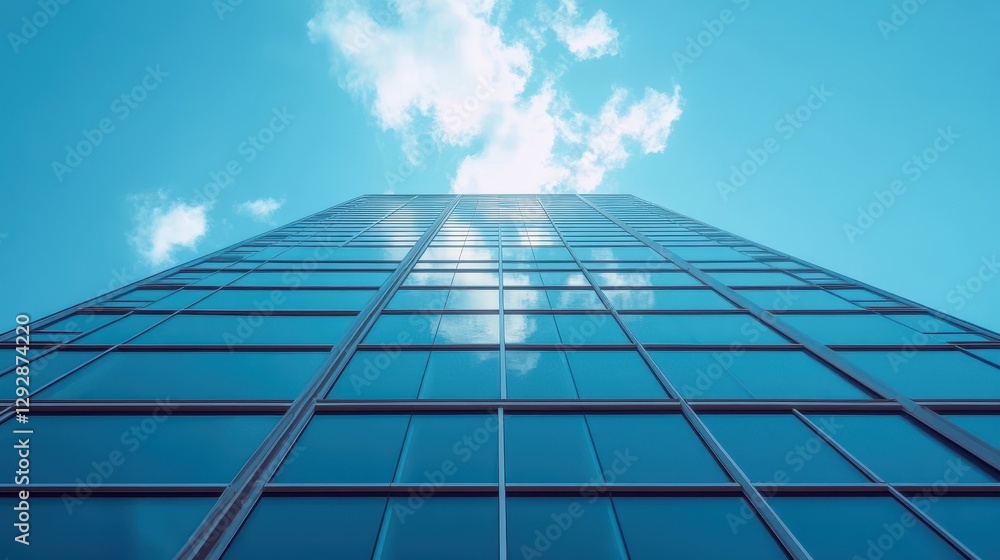 Fototapeta premium Modern glass skyscraper against a blue sky. Ideal for concepts of success, ambition, and corporate growth.
