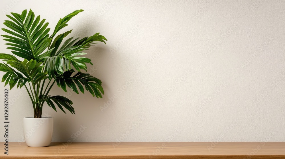 Potted plant on wooden shelf, white wall background, minimalist home decor, website banner Potted plant on wooden shelf, white wall background, minimalist home decor, website banner