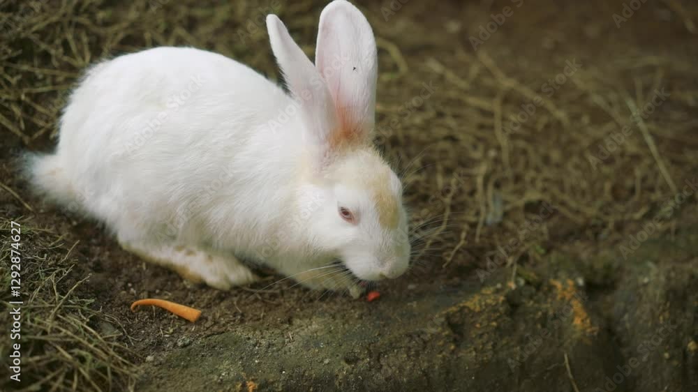 Adorable White Rabbit Eating Carrot in Garden Setting Close Up View Adorable White Rabbit Eating Carrot in Garden Setting Close Up View