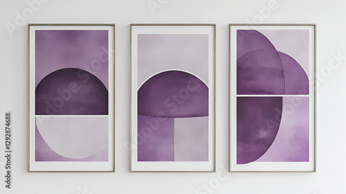 Minimal Geometric Posters with Mid-Century Modern Art, Abstract Watercolor Art with Deep Plum, Beige, and Gold