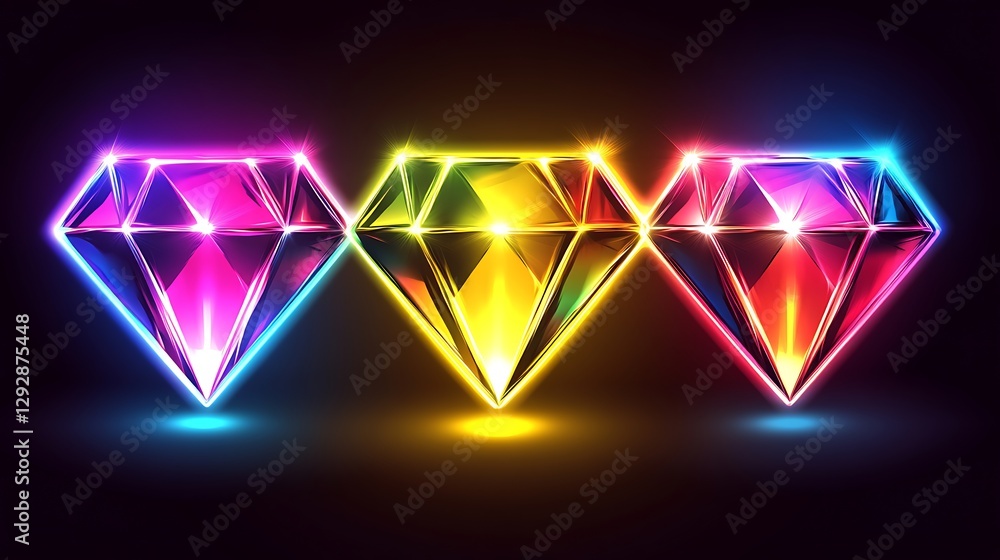 Three Neon Glowing Diamonds Arranged In A Row Three Neon Glowing Diamonds Arranged In A Row