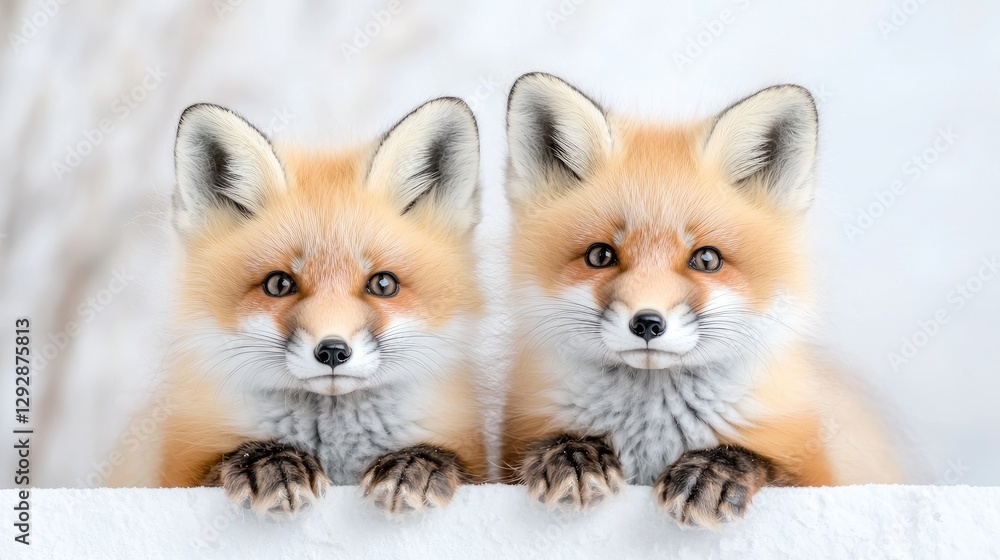 Obraz premium Two red fox kits peering over a wall, snowy background, wildlife photography, nature