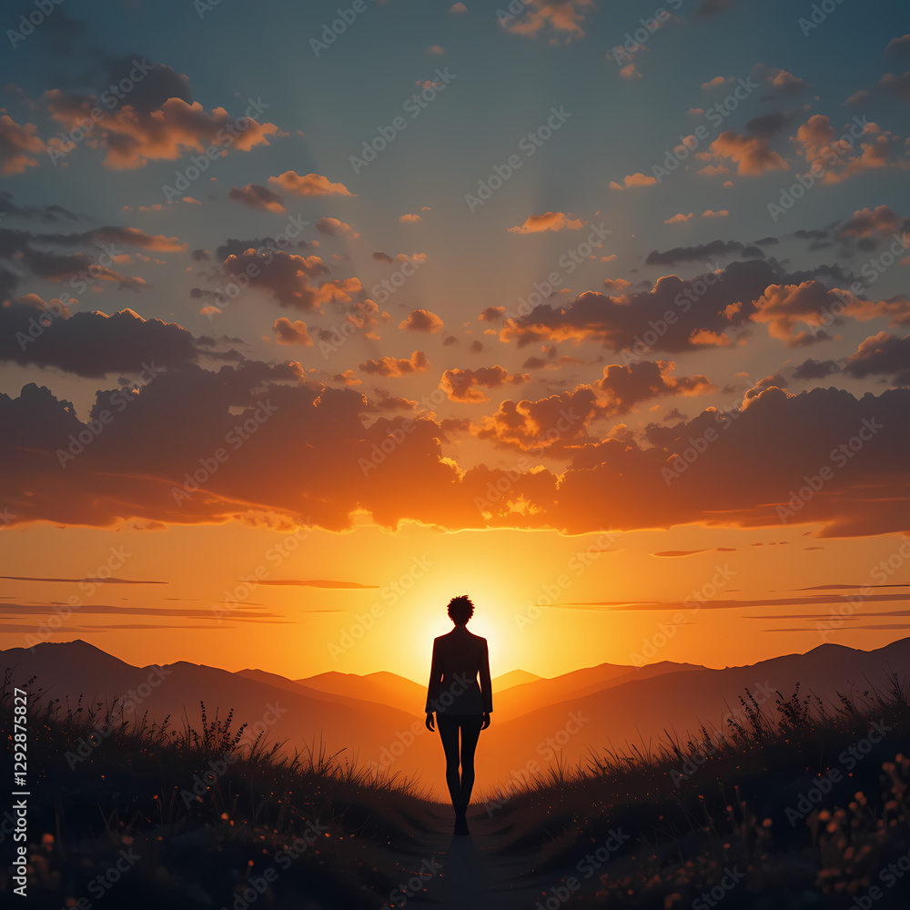 Obraz premium Sunset Silhouette: Person Walking Towards Sun isolated on transparent background