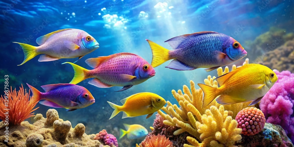 Fototapeta premium Vibrant Reef Inhabitants Swimming Amongst Colorful Coral and Sea Flora in a Sunlit Underwater Scene