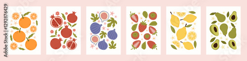 Set of different interior posters with fruits and berries. Orange, pomegranate, fig, strawberry, lemon, avocado. Vintage modern print art. Naive hand drawn vector illustration