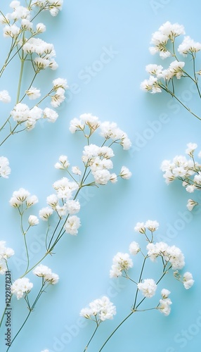 Delicate white gypsophila flowers are scattered on a light blue background