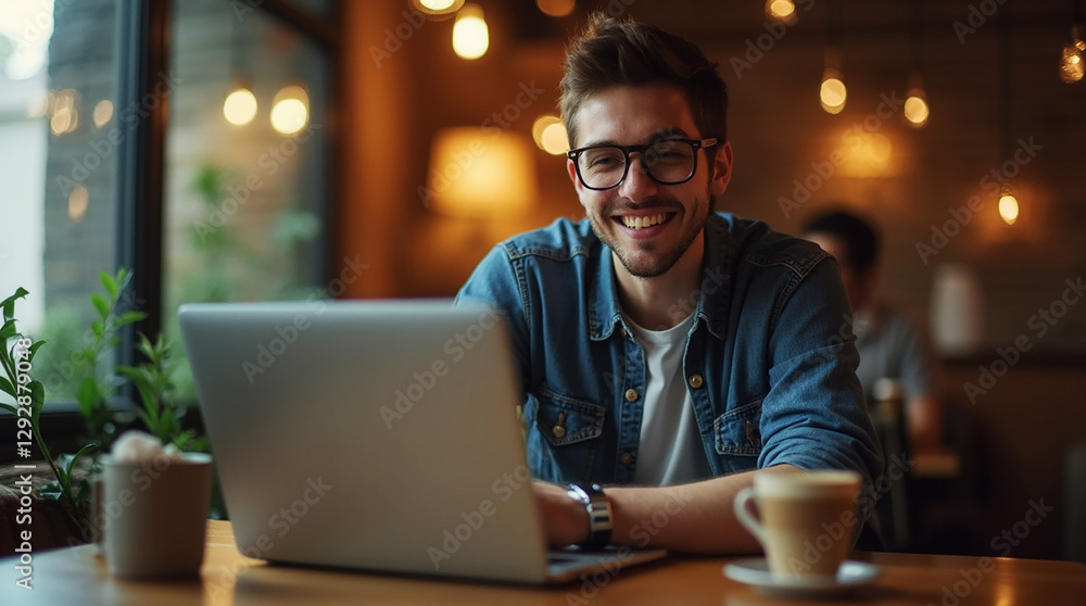 Man Smiling and using laptop in café, Man working on laptop Man Smiling and using laptop in café, Man working on laptop