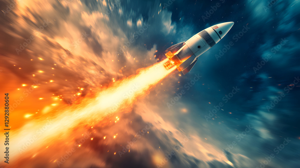 Rocket launch into space, fiery trail. Dramatic scene. Rocket launch into space, fiery trail. Dramatic scene.